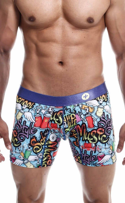 Malebasics hipster boxer brief comics with vibrant graffiti spray paint graphics and bold blue waistband on light blue base