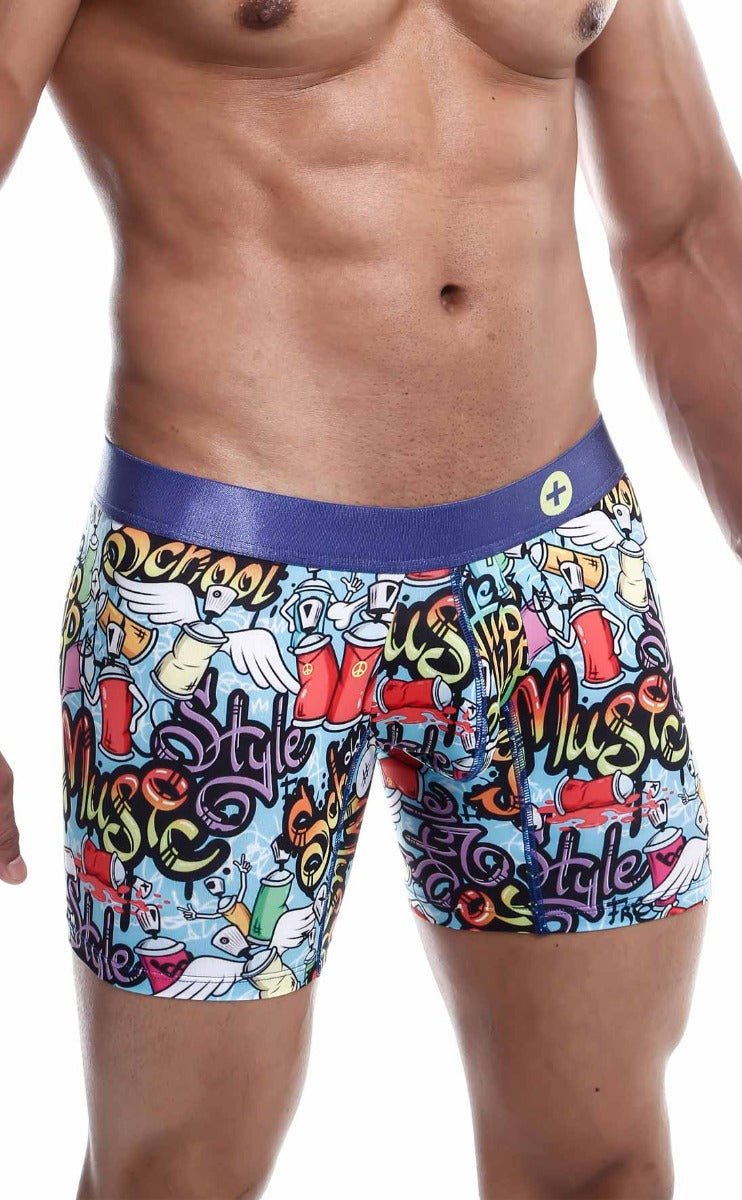Malebasics hipster boxer brief comics with vibrant graffiti design light blue base purple waistband style and music text