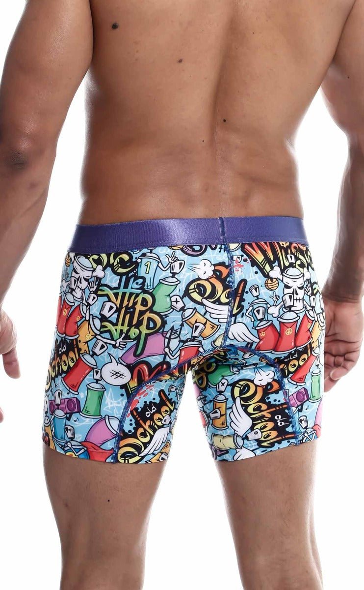 Malebasics hipster boxer brief comics featuring vibrant graffiti-themed colorful cartoon graphics and a purple waistband
