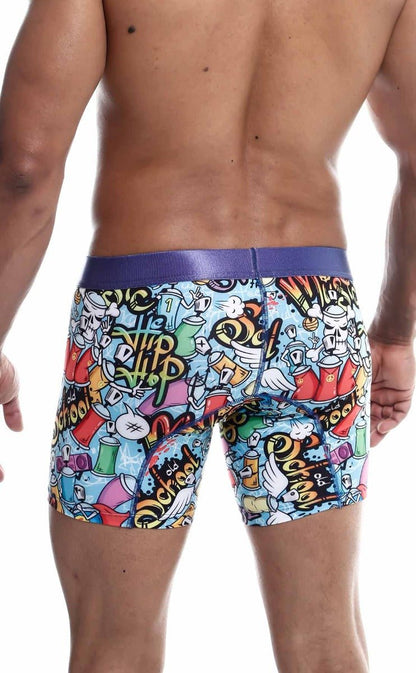 Malebasics hipster boxer brief comics featuring vibrant graffiti-themed colorful cartoon graphics and a purple waistband