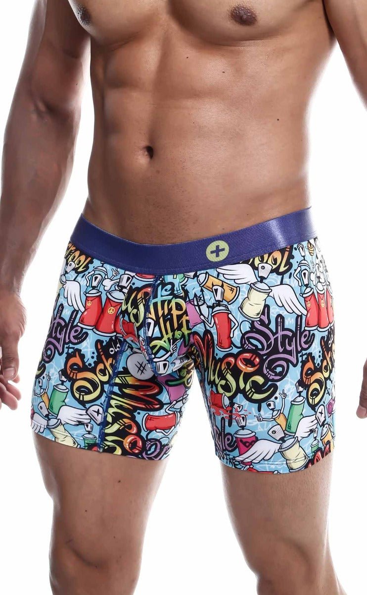 MaleBasics hipster boxer brief comics with vibrant graffiti print on light blue base and purple waistband for stylish comfort
