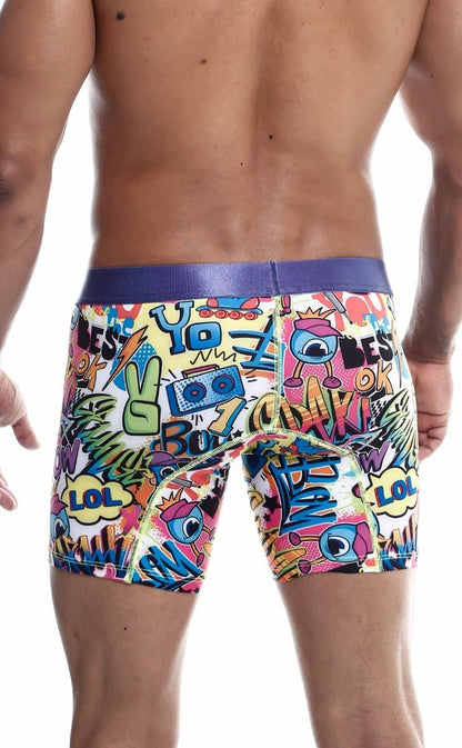Malebasics hipster boxer brief comics vibrant comic book print with purple elastic waistband for men