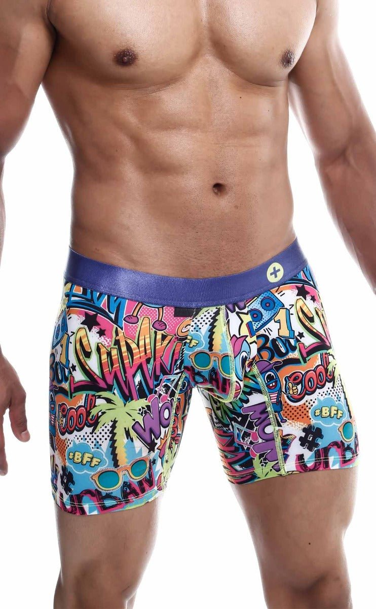 MaleBasics hipster boxer brief comics with vibrant graffiti design and purple elastic waistband in comfortable fabric