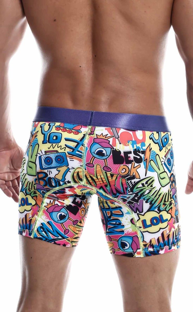 MaleBasics hipster boxer brief comics with vibrant comic book graphics, purple waistband, and retro boombox designs