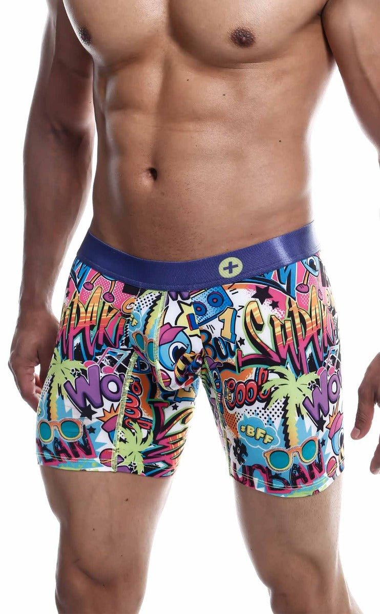 Malebasics hipster boxer brief comics with vibrant graffiti graphics and a purple waistband for bold style and comfort