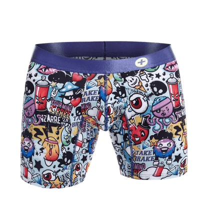 Malebasics hipster boxer brief comics with vibrant graffiti print colorful cartoon characters and purple waistband