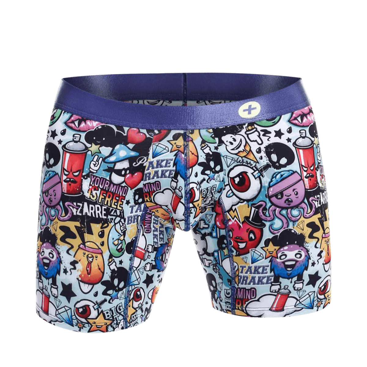Malebasics hipster boxer brief comics featuring vibrant graffiti-themed colorful cartoon characters with purple waistband
