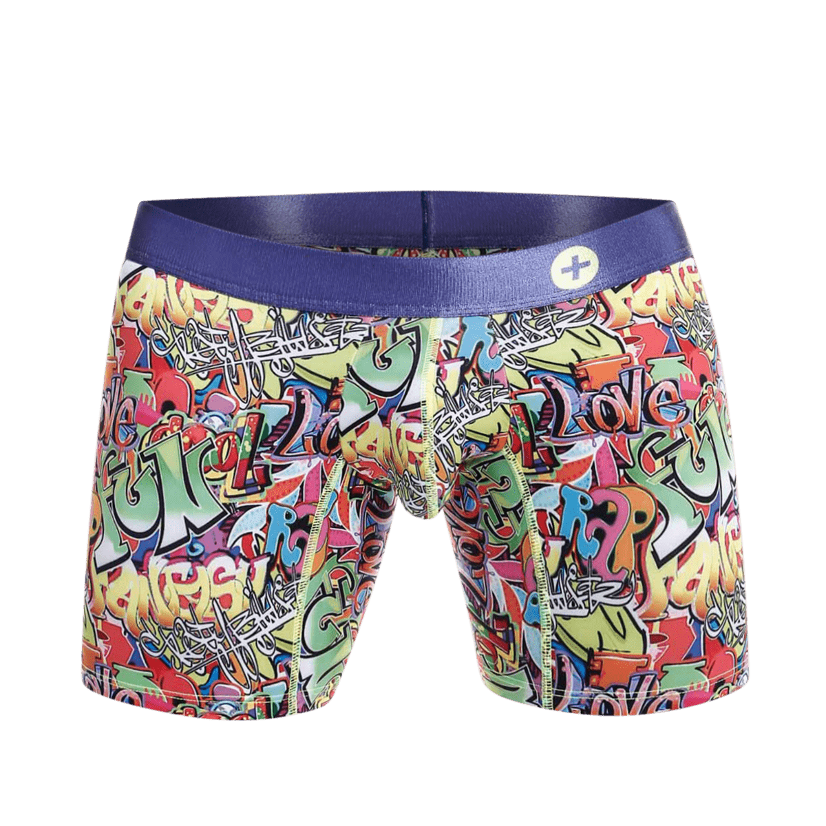 Malebasics hipster boxer brief comics featuring vibrant graffiti pattern with solid purple elastic waistband
