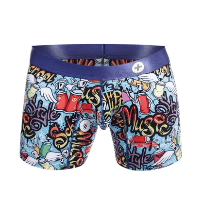 Malebasics hipster boxer briefs in blue with vibrant graffiti spray cans wings and style music design