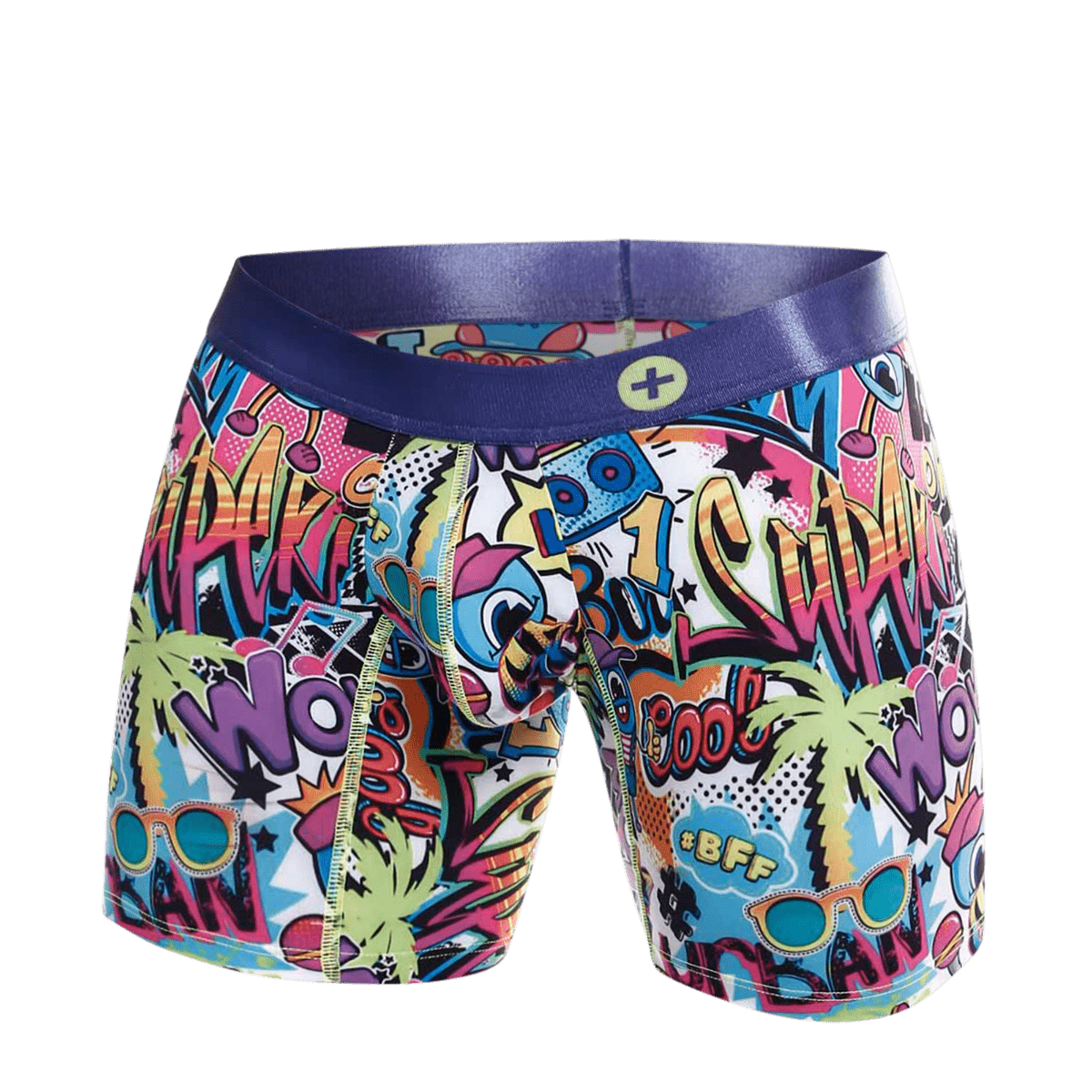 MaleBasics hipster boxer brief comics with vibrant comic book graphics and a purple waistband for men