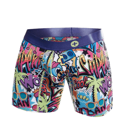 MaleBasics hipster boxer brief comics with vibrant comic book graphics and a purple waistband for men