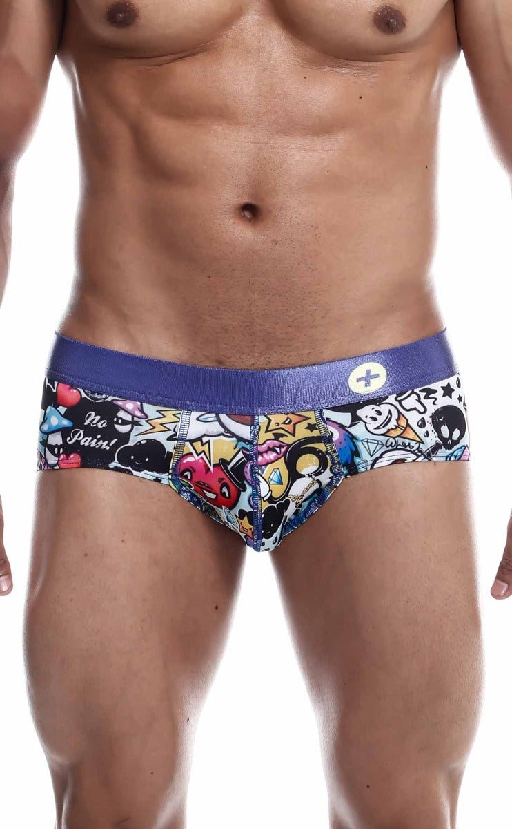 Malebasics hipster brief comics with vibrant graffiti-style print and bold purple waistband featuring colorful cartoons