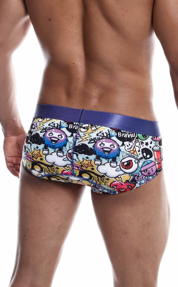 Malebasics hipster brief comics swim trunks with a bold purple waistband and playful cartoon character graphics