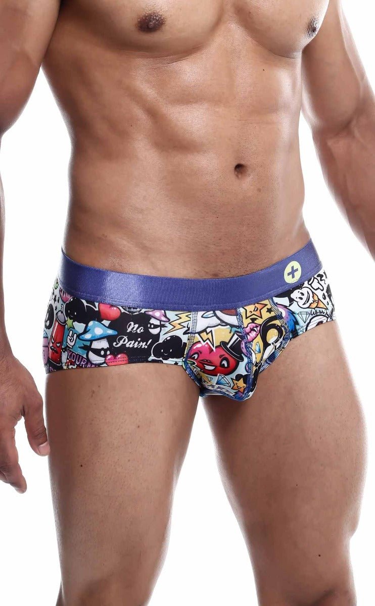 MaleBasics hipster brief comics men’s underwear with blue waistband and colorful graffiti-style cartoon print