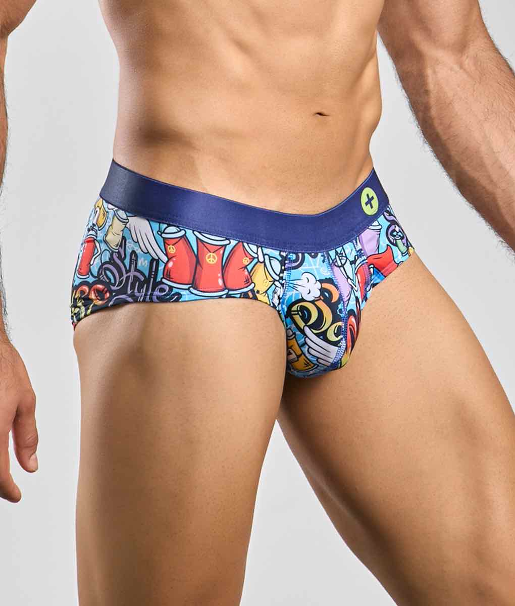 Malebasics hipster brief comics vibrant graffiti-style printed briefs with navy blue waistband and colorful graphics