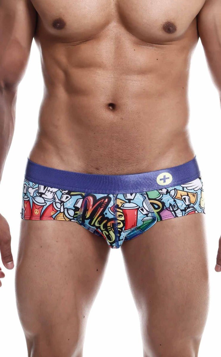 Malebasics hipster brief comics with vibrant graffiti-style print and bold purple waistband featuring colorful cartoon graphics