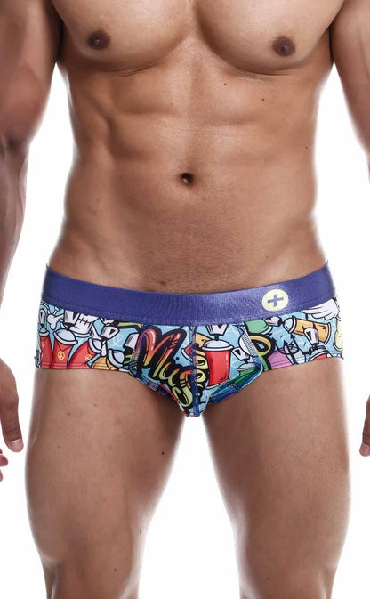 Malebasics hipster brief comics with vibrant graffiti-style print and bold purple waistband featuring colorful cartoon graphics