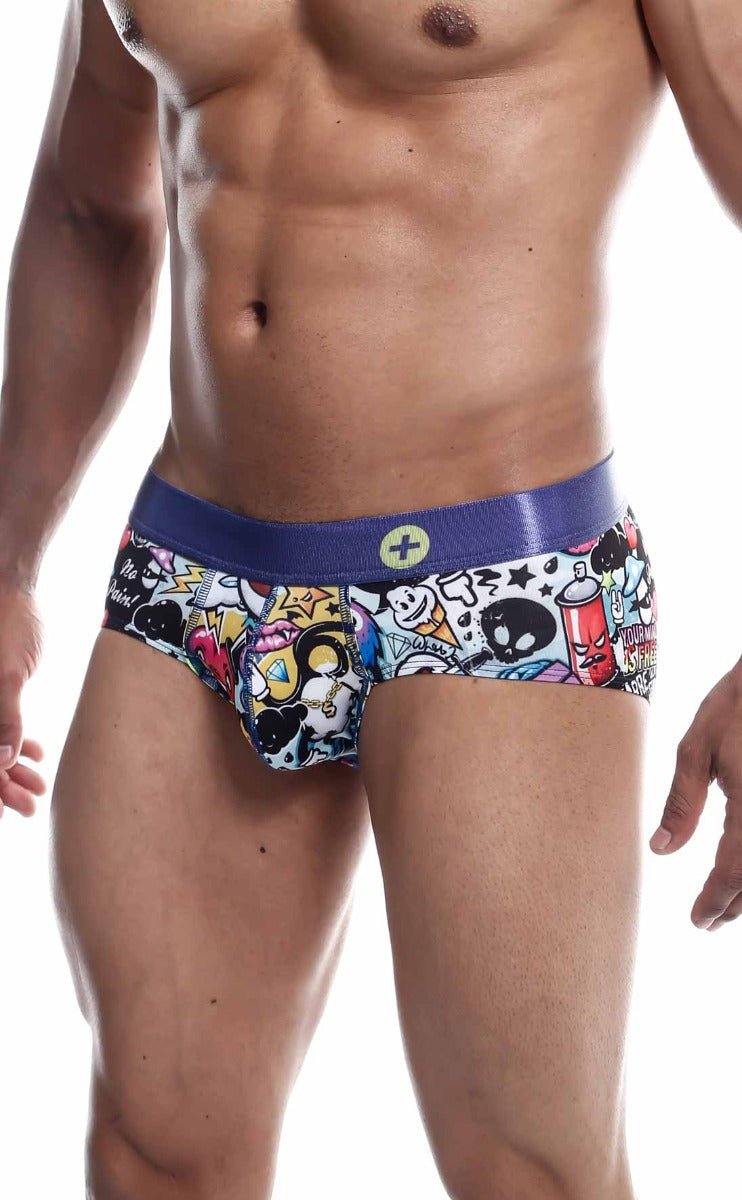 Malebasics hipster brief comics featuring blue and white cartoon patterned briefs with shiny elastic waistband