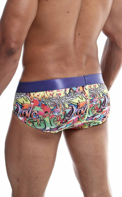 MaleBasics hipster brief comics featuring vibrant graffiti pattern and bold purple waistband for active wear