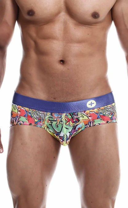 MaleBasics Hipster Brief Comics vibrant graffiti-patterned men’s briefs with solid blue waistband and white logo