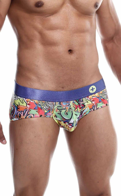 Malebasics hipster brief comics with vibrant graffiti pattern and solid blue waistband with white plus sign logo