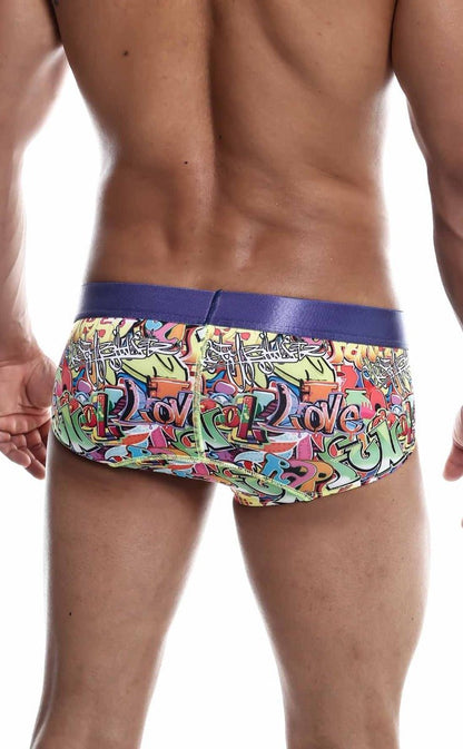 Male basics hipster brief comics with vibrant graffiti pattern and bold purple waistband designed for men