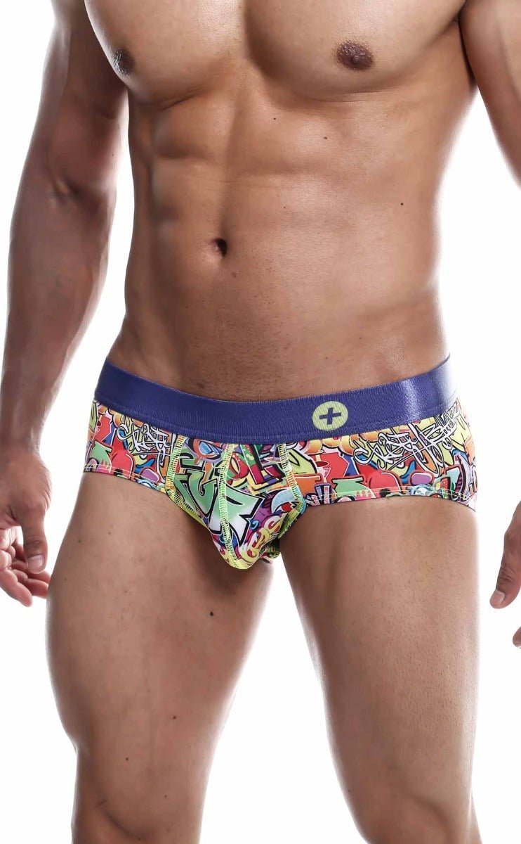 Malebasics hipster brief comics featuring vibrant graffiti pattern with solid blue waistband and small circular logo