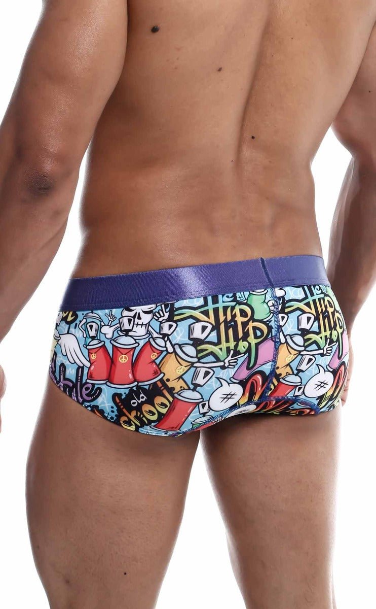 Malebasics hipster brief comics vibrant graffiti style swim trunks with blue waistband and colorful cartoon graphics