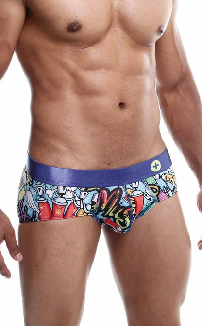 Malebasics hipster brief comics featuring vibrant graffiti patterns colorful cartoon graphics and a bold blue waistband
