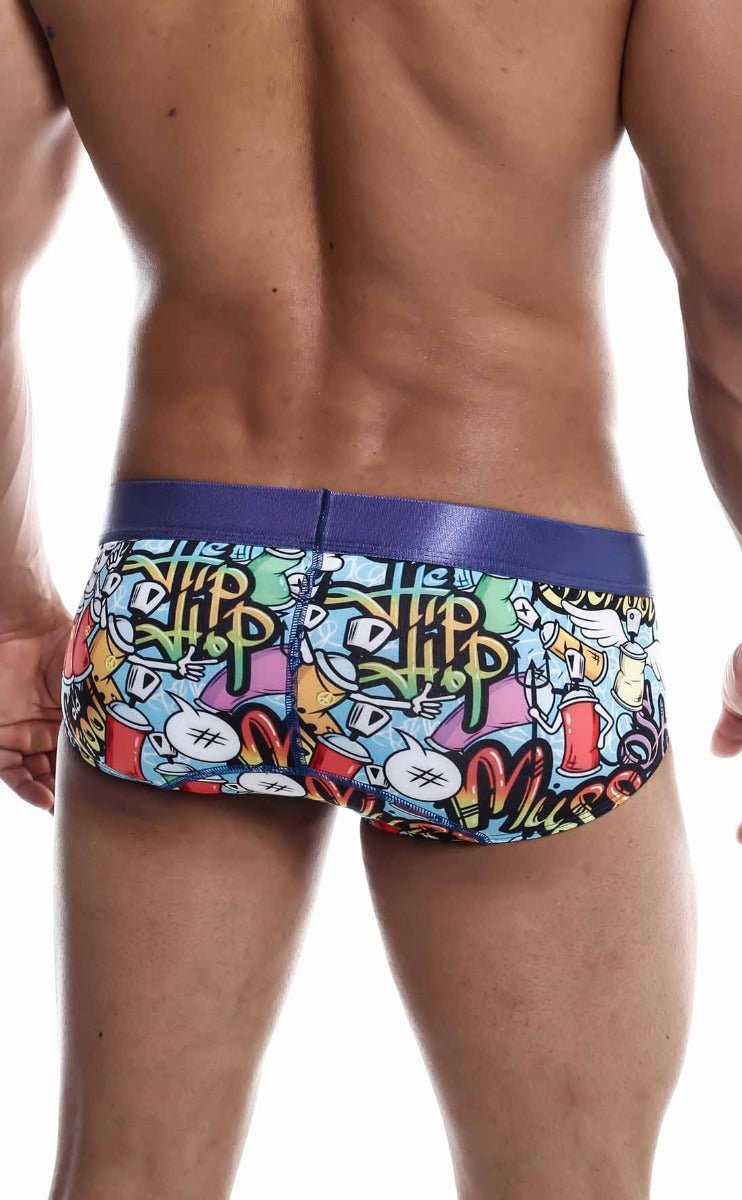 Malebasics hipster brief comics featuring vibrant graffiti patterns with a bold purple waistband for men