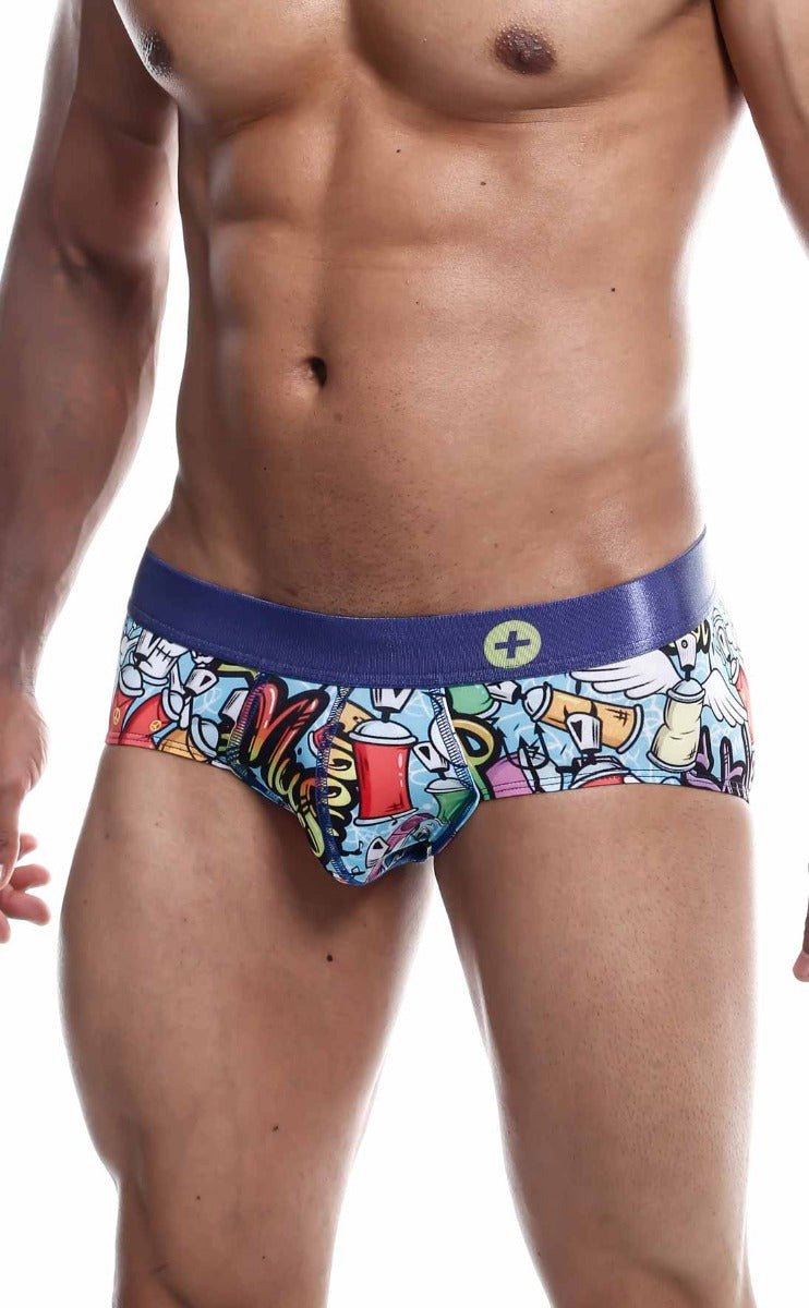Malebasics hipster brief comics featuring vibrant graffiti-style print with solid blue elastic waistband for men