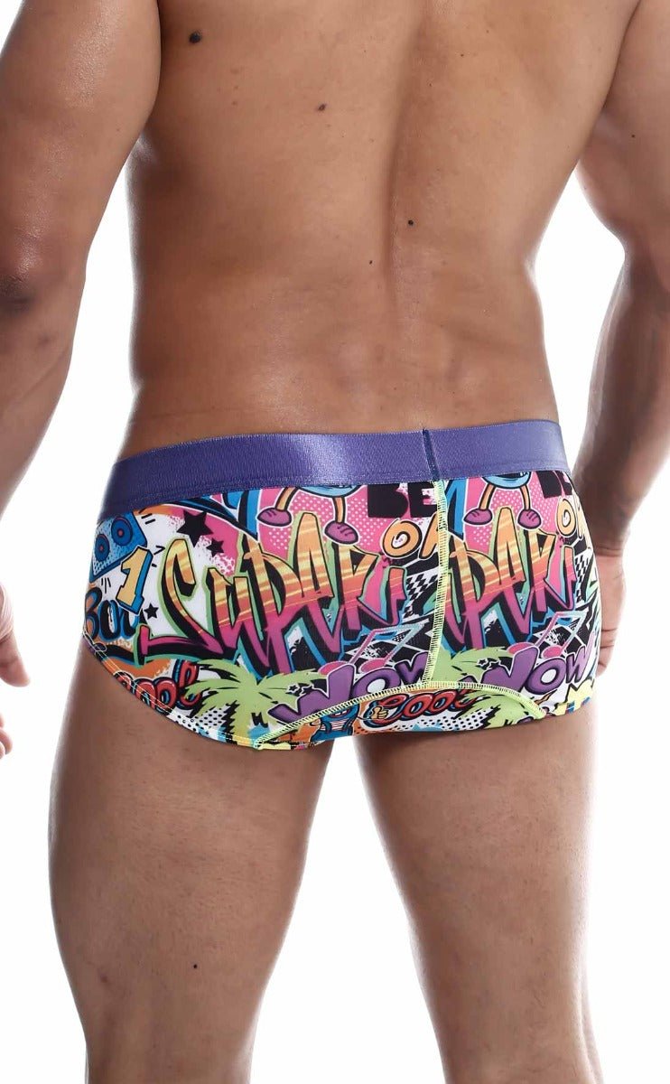 MaleBasics hipster brief comics featuring vibrant graffiti patterns and a bold purple waistband for men