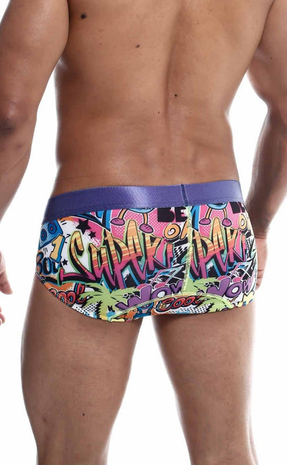 MaleBasics hipster brief comics featuring vibrant graffiti patterns and a bold purple waistband for men