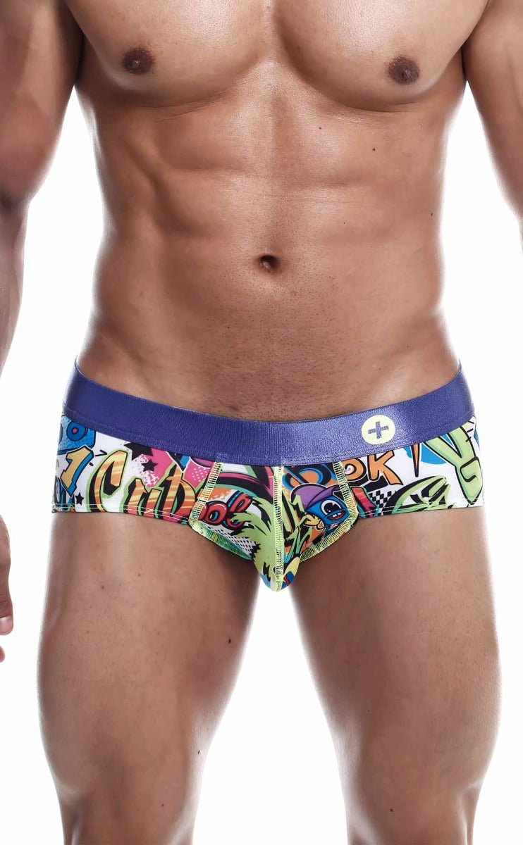 MaleBasics hipster brief comics with vibrant graffiti-style print and bold blue waistband in breathable fabric