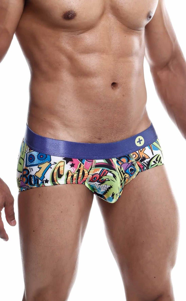 Malebasics hipster brief comics vibrant men’s briefs with bold blue waistband and colorful graffiti-inspired graphics