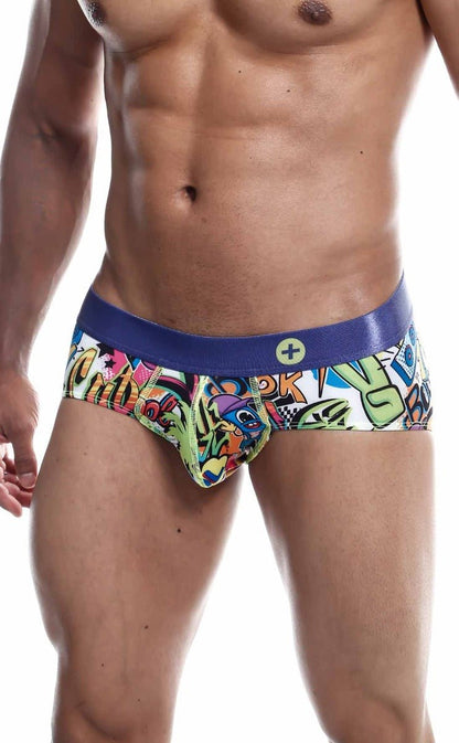Vibrant male basics hipster briefs with bold blue waistband and colorful cartoon graffiti-style print