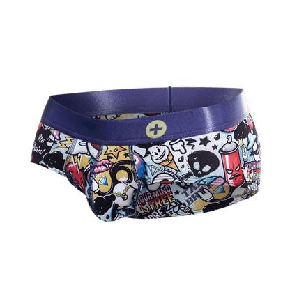 Malebasics hipster brief comics vibrant graffiti-style printed men’s briefs with bold purple waistband and colorful cartoon graphics