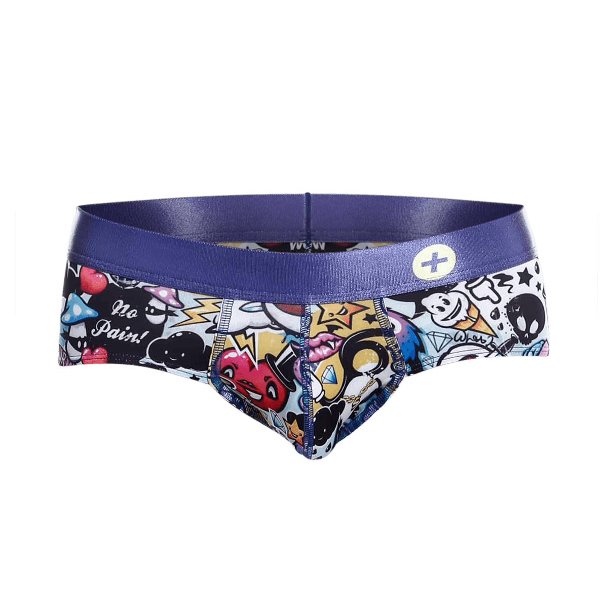 Malebasics hipster brief comics purple waistband men’s briefs with vibrant graffiti-style cartoon characters and text