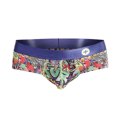 Malebasics hipster brief comics featuring vibrant graffiti print and a solid purple waistband with a white plus logo