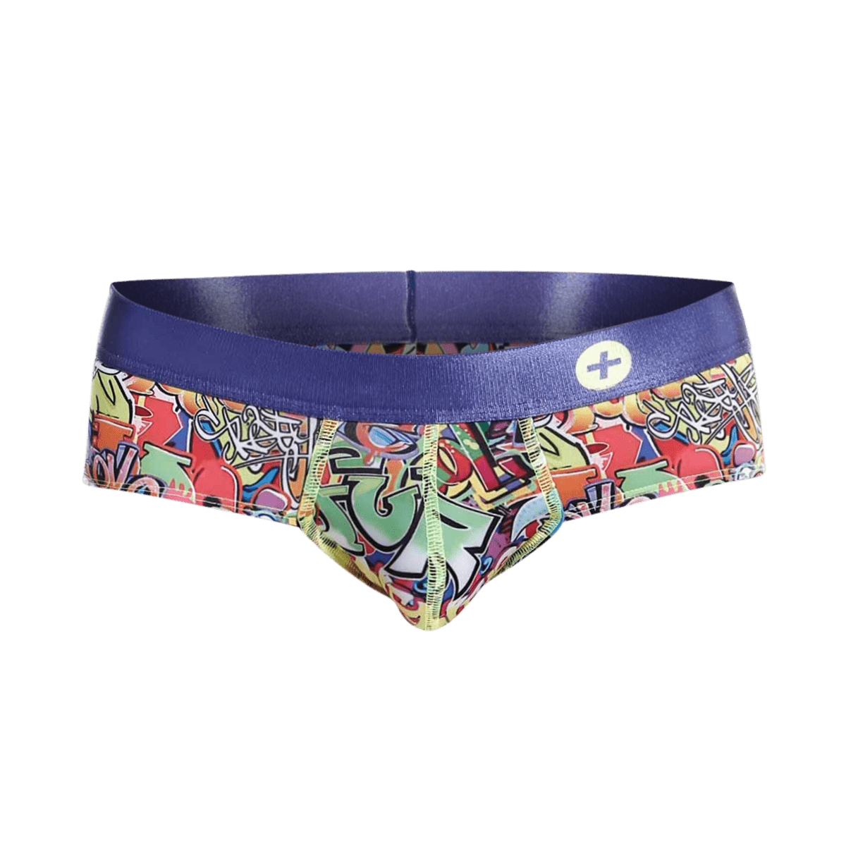 Malebasics hipster brief comics featuring vibrant graffiti pattern with solid purple waistband and white plus sign logo