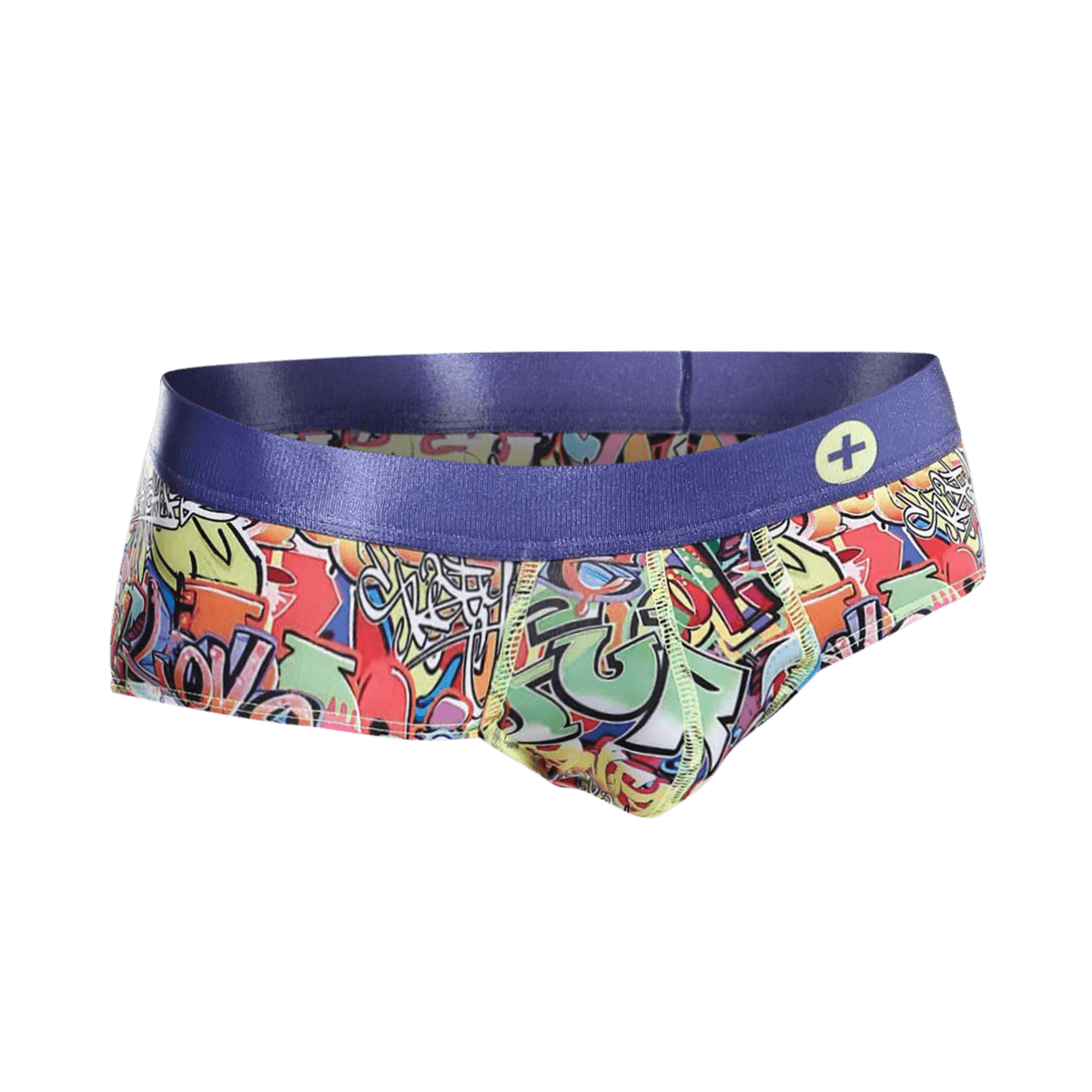 MaleBasics hipster brief comics with vibrant graffiti swim trunks design, solid purple waistband, and neon yellow stitching