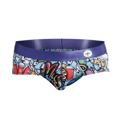 Malebasics hipster brief comics featuring vibrant graffiti print colorful cartoon graphics and a bold blue waistband