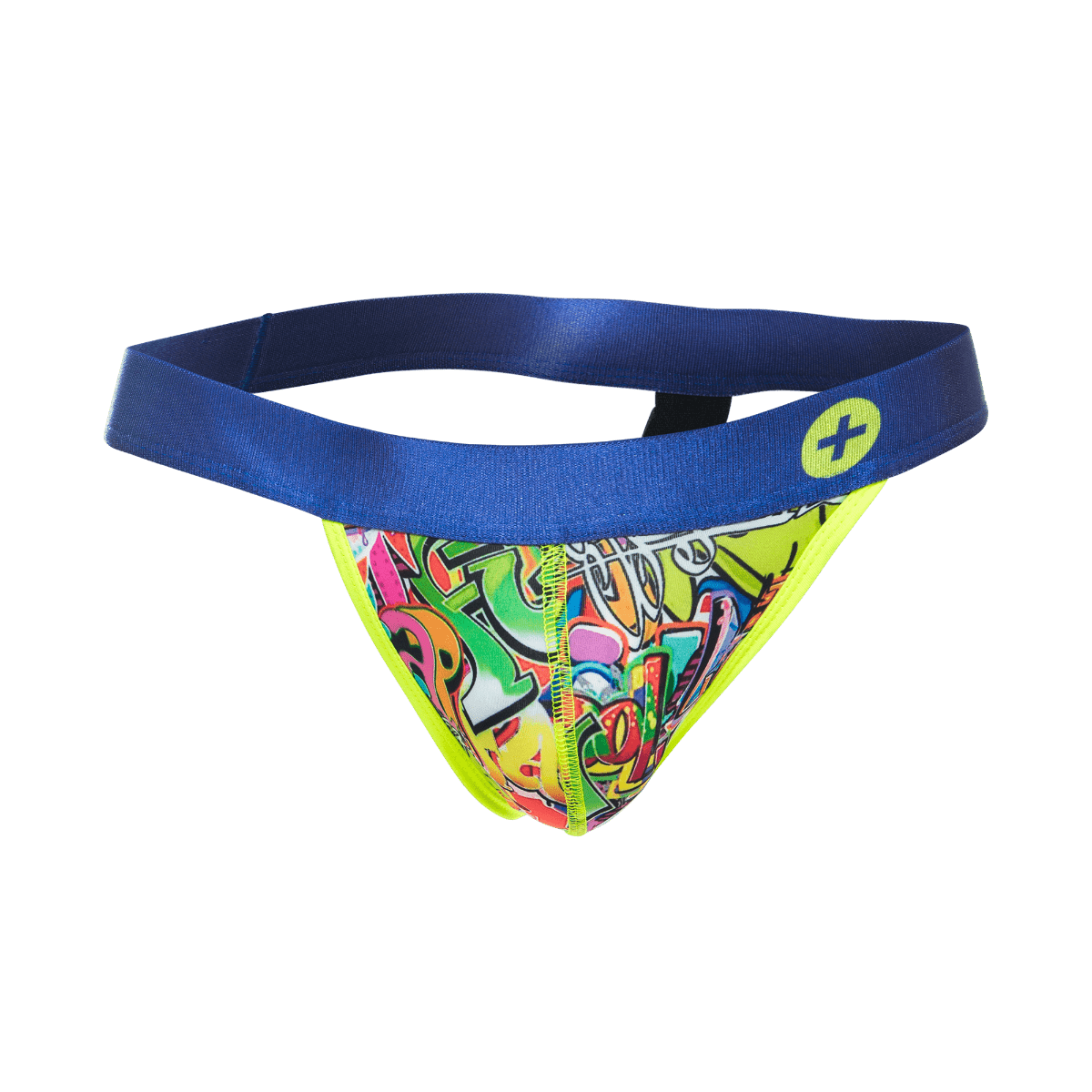 Vibrant graffiti patterned malebasics hipster jockstrap comics with bold blue waistband and neon yellow trim