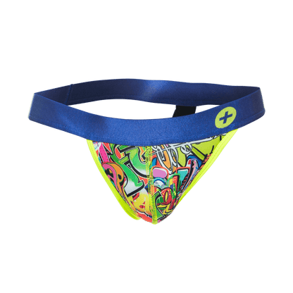 Vibrant graffiti patterned malebasics hipster jockstrap comics with bold blue waistband and neon yellow trim