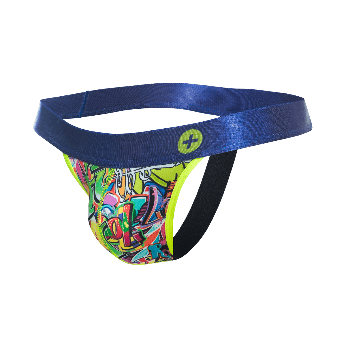 Malebasics hipster jockstrap comics with vibrant graffiti pattern, shiny blue waistband, and neon yellow trim