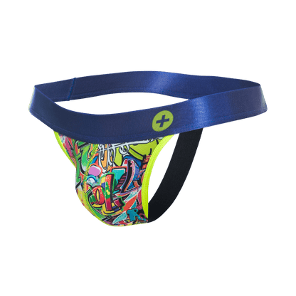 Malebasics hipster jockstrap comics with vibrant graffiti pattern, shiny blue waistband, and neon yellow trim