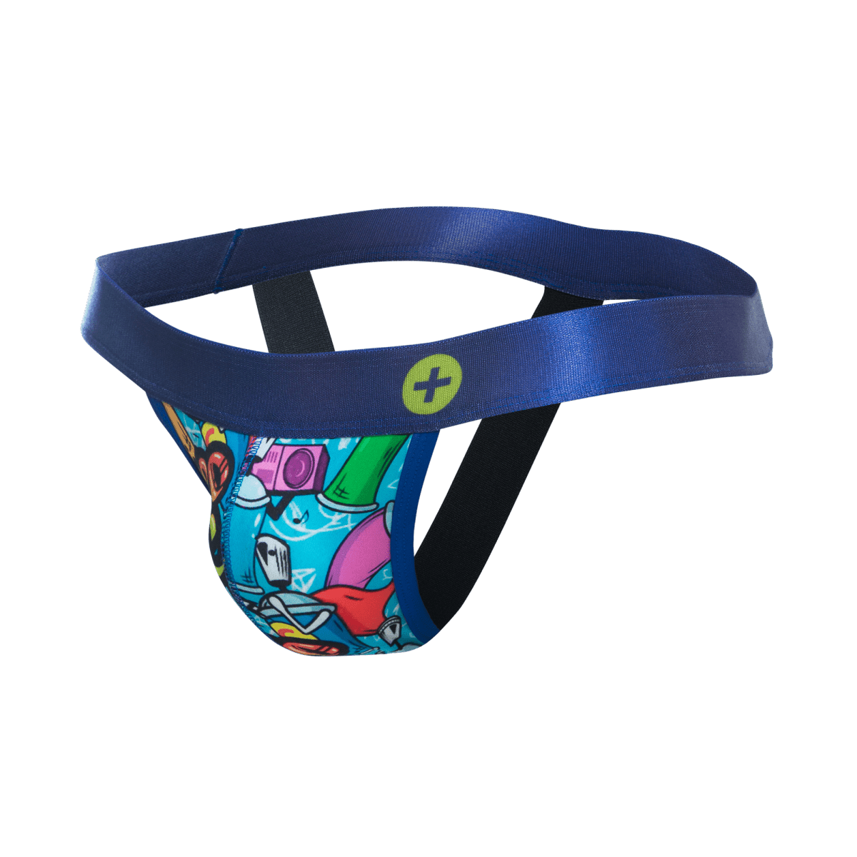 Malebasics hipster jockstrap with vibrant graffiti-style cartoon print in blue featuring pink green red and yellow accents