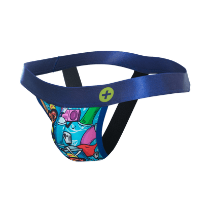 Malebasics hipster jockstrap with vibrant graffiti-style cartoon print in blue featuring pink green red and yellow accents