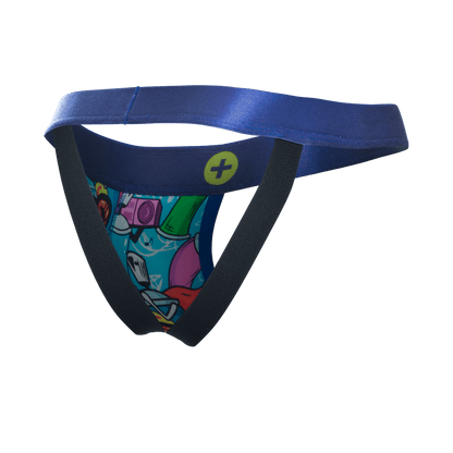 MaleBasics hipster jockstrap featuring blue and black athletic briefs with vibrant cartoon-themed graphic print