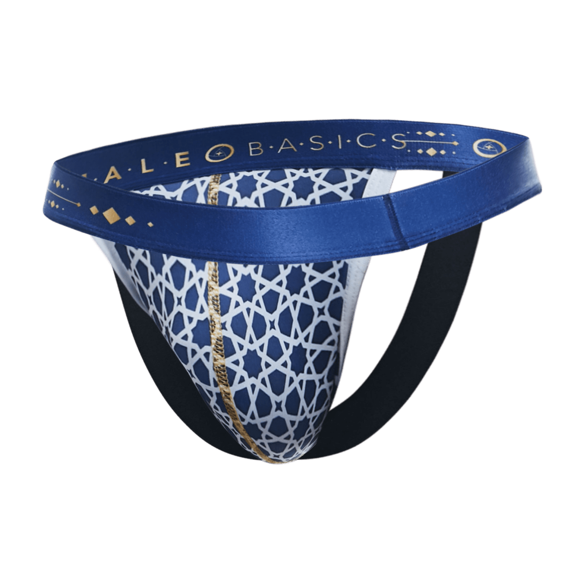 Malebasics hipster jockstrap comics in blue and white patterned briefs with gold trim and geometric design